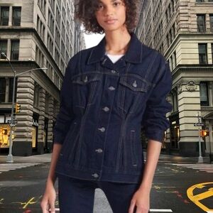 CURRENT ELLIOTT CORSET TRUCKER JACKET SIZE 2 (MEDIUM) IN HEARST DARK BLUE WASH
